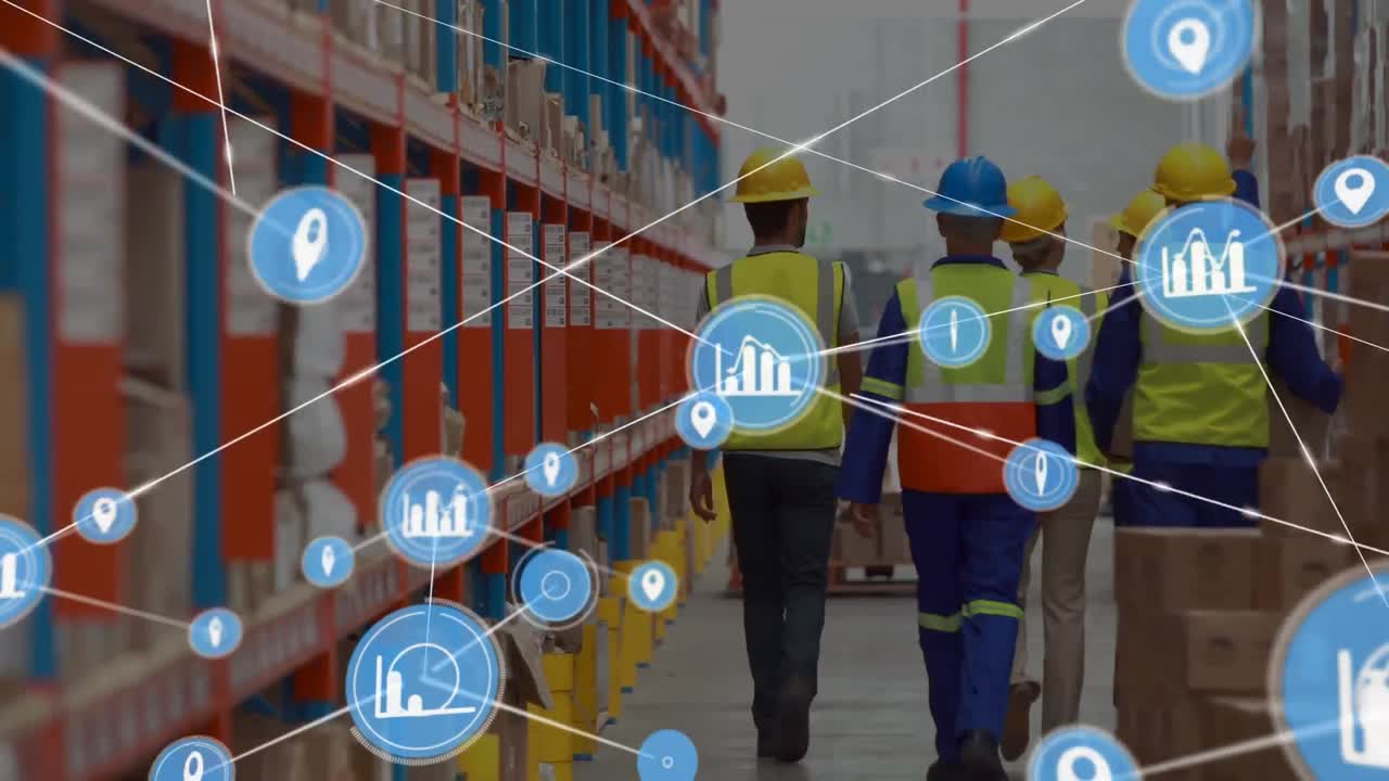 animación de las conexiones de red con iconos de ubicación y estadísticas