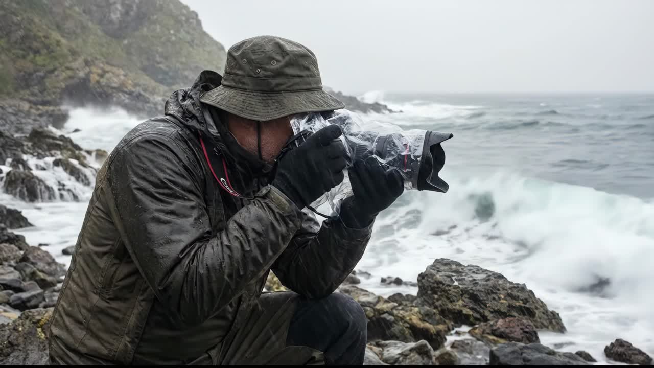 Fotógrafo com capa de chuva tirando fotos no litoral tempestuoso