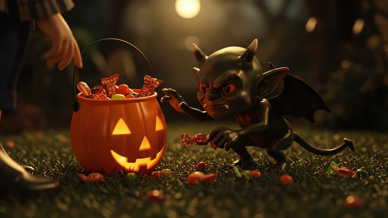 A Mischievous Creature Attempts to Steal Candy from a Jack-o'-Lantern Amidst a Spooky Halloween Night Setting, Capturing the Spirit of Trick-or-Treating Adventures