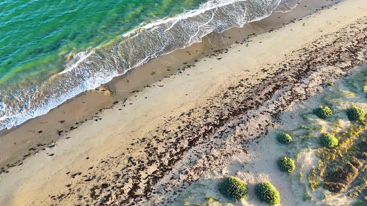 Aerial footage captures the serene coastline of Bellarine Peninsula, showcasing waves gently lapping against the sandy shore under clear skies