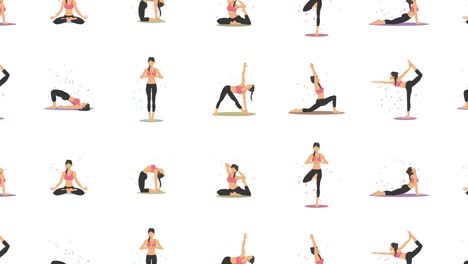 ejercicio de yoga en la naturaleza. colección de personajes de dibujos animados femeninos que demuestran varias posiciones de yoga. colorida animación de bucle plano. relajarse y meditar.