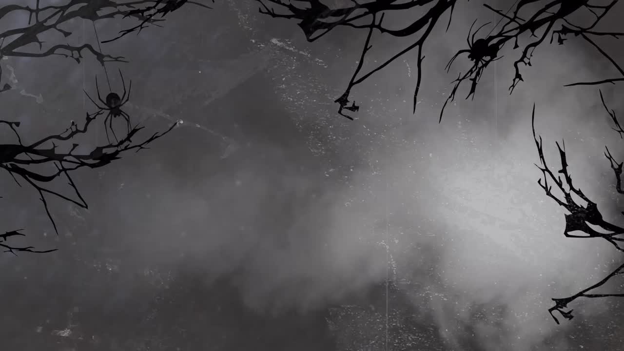 animación de ramas y araña sobre humo y fondo rojo