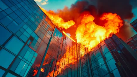 a large building on fire with a blue sky in the background