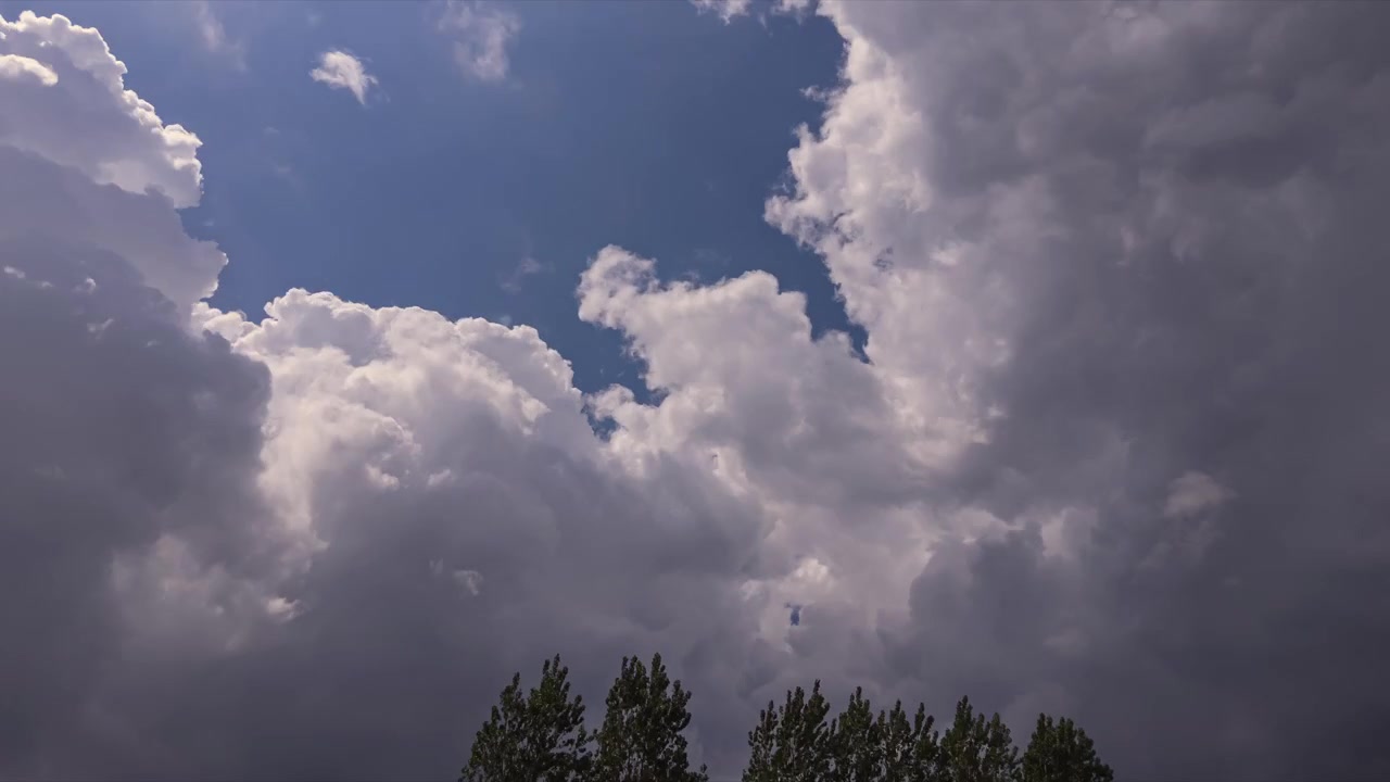 Nuvole bianche fluttuano in un cielo blu vivido, trasformandosi gradualmente in nuvole temporalesche. Timelapse.