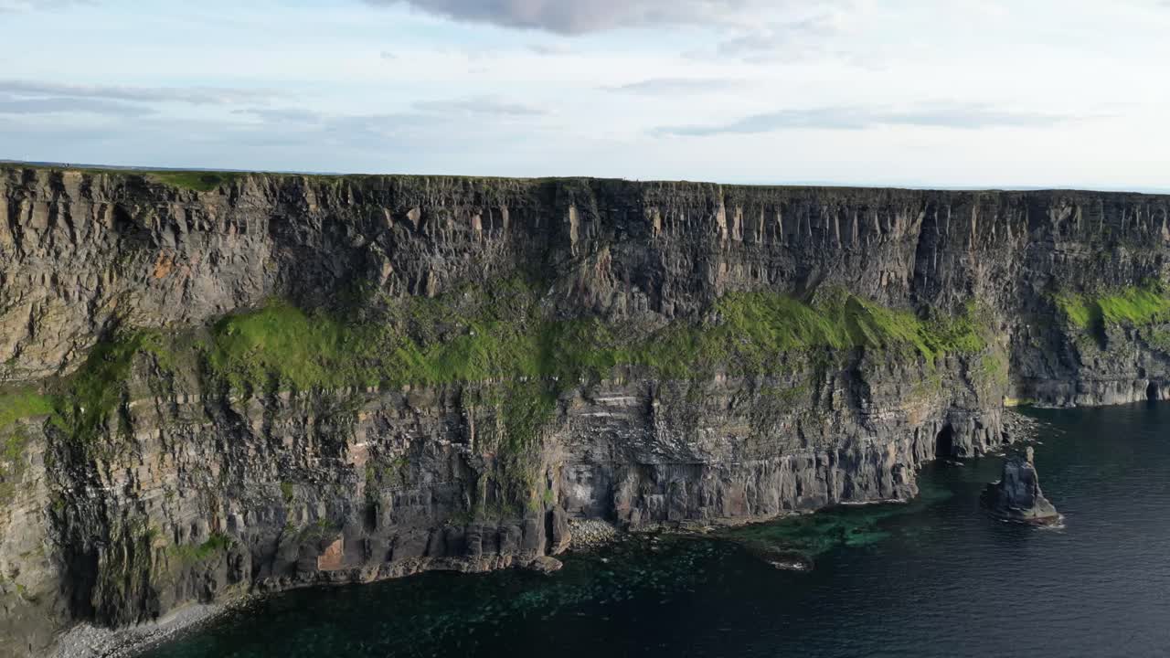 Drone shot of the Cliffs of Moher at sunset, starting from farther away and moving closer