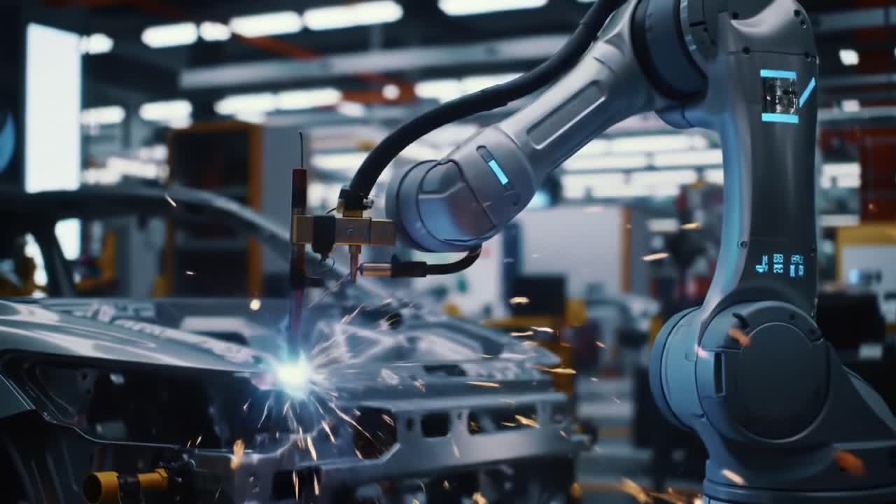 Advanced Robotic Arm Performing Precision Welding in Automotive Manufacturing Process, Demonstrating Innovation and Efficiency in Modern Assembly Lines