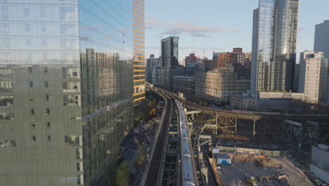 aerial view of the subway in queens. shot on an autumn morning in new york city