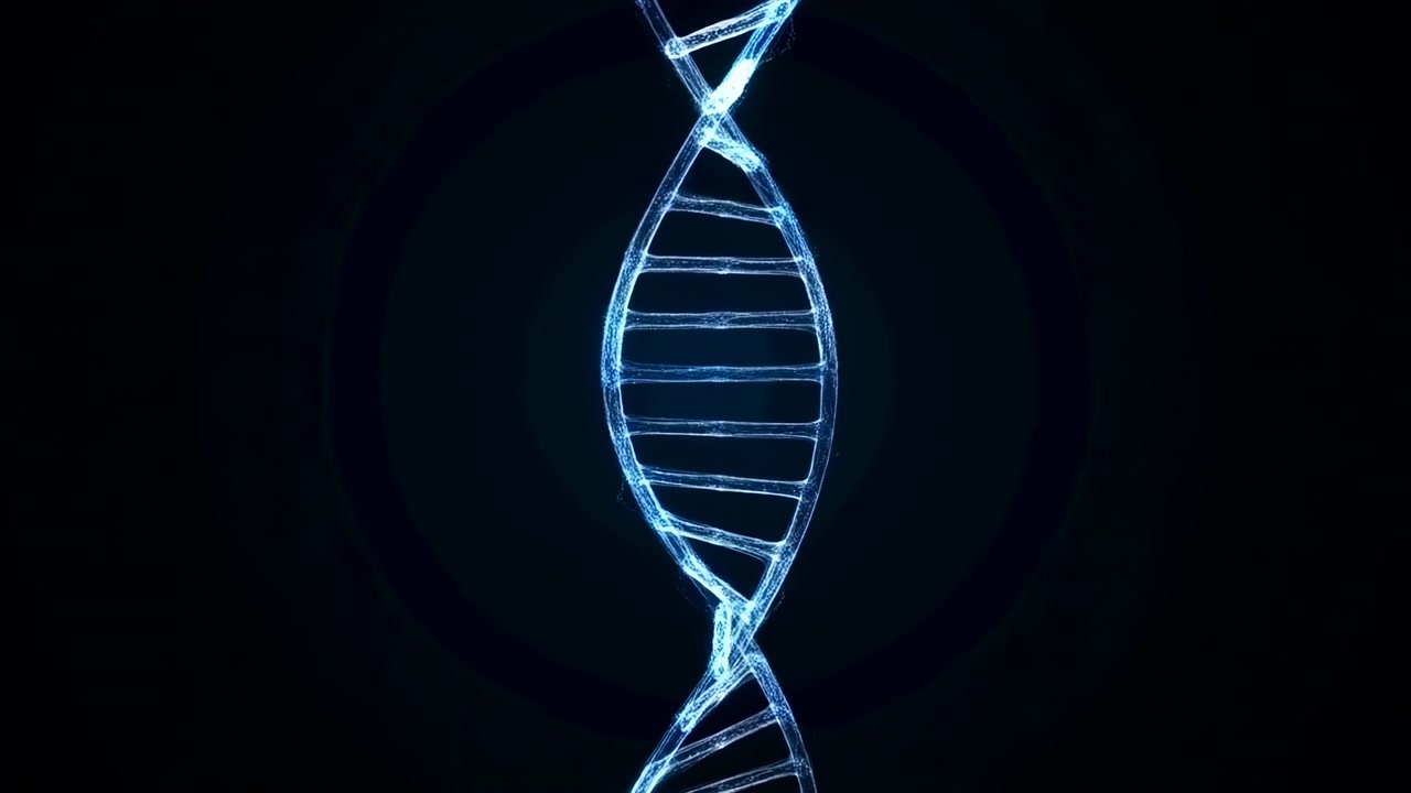 Glowing Dna Helix In Dark Laboratory Hightech Molecular Visualization Pulses With Neon Blue Strands Rotating