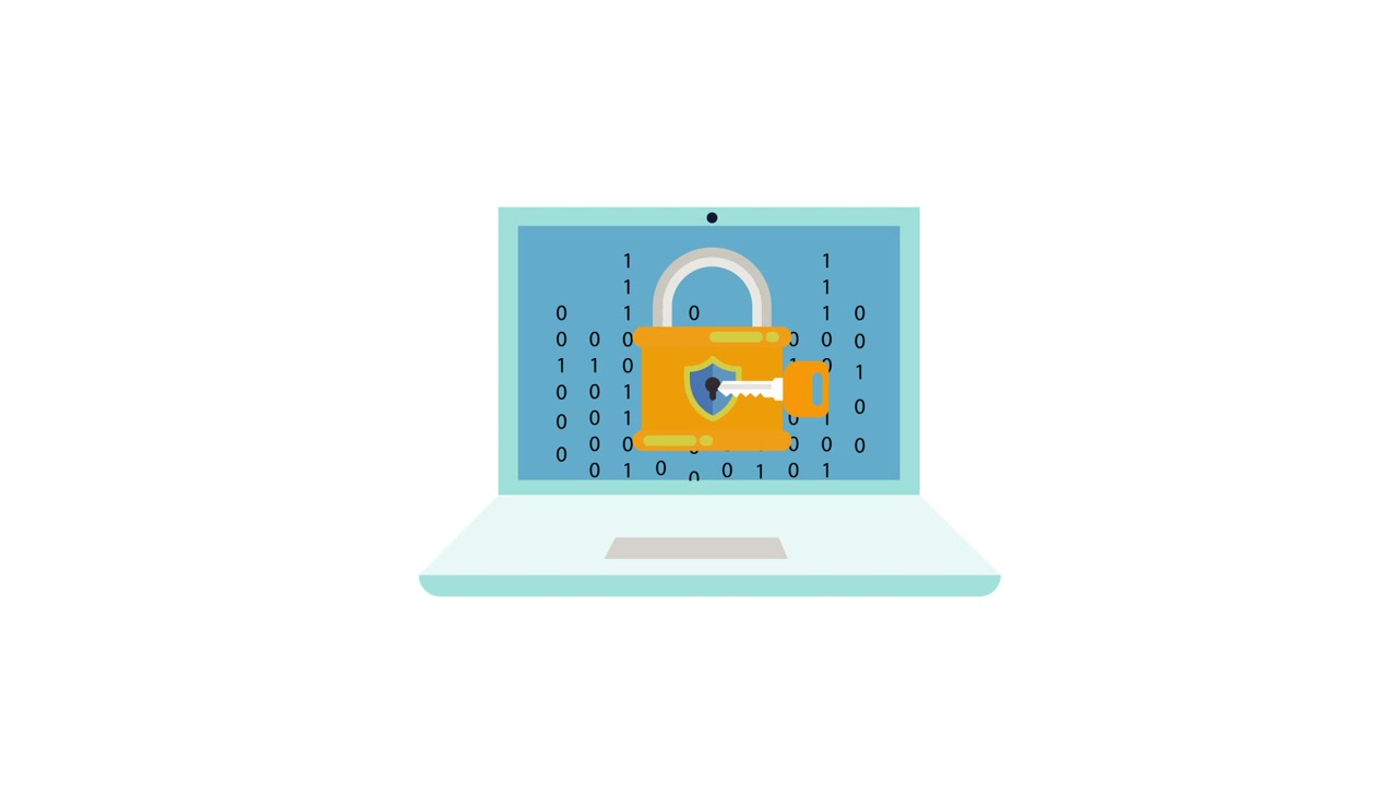 Animated Laptop with Padlock, Key, and Binary Code for Cybersecurity
