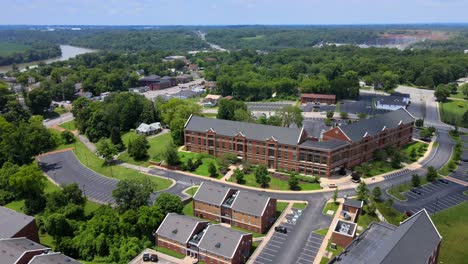 aerial drone footage of buildings at austin peay university in clarksville, tn.