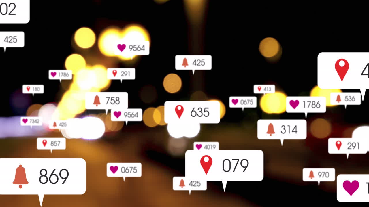 소셜 미디어 아이콘과 숫자의 애니메이션 초점이 맞지 않은 도시 및 자동차 불빛