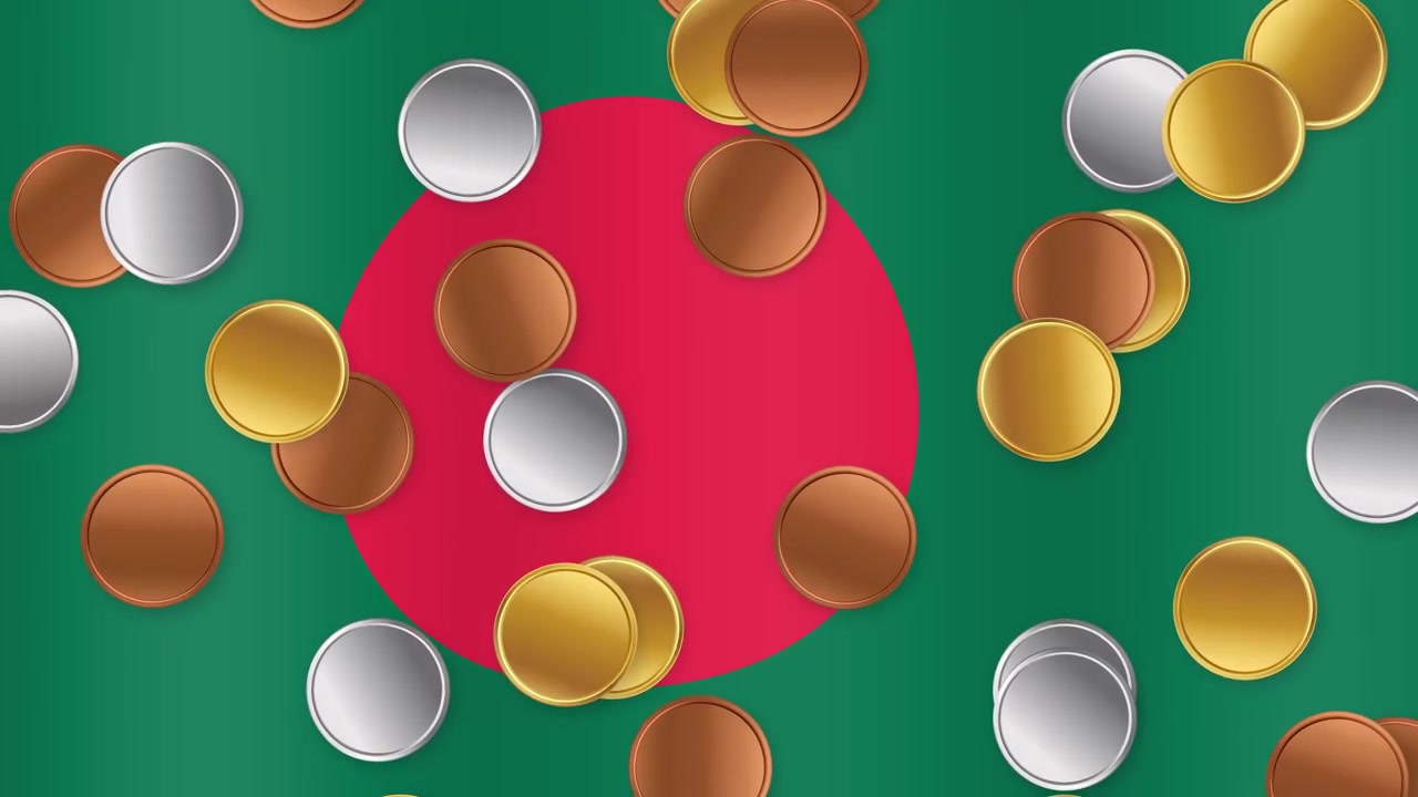 Monete animate d'oro, d'argento e di bronzo cadono su una bandiera nazionale del Bangladesh che sventola.