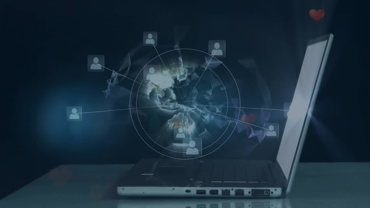 Animation of network of connections and world map over laptop