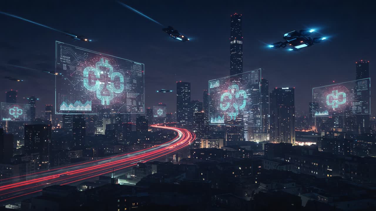 Futuristic Cityscape with Holographic Displays and Flying Vehicles at ...