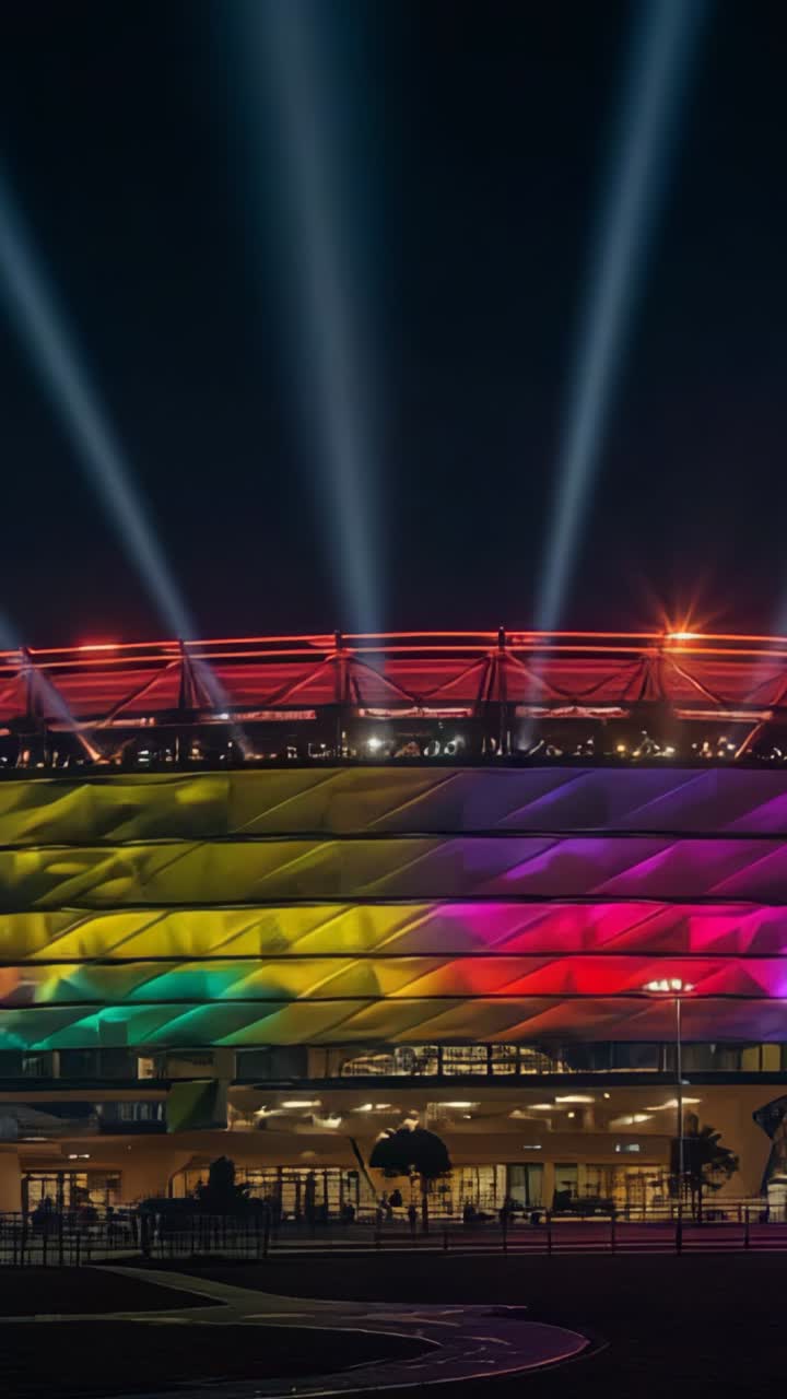 Vertical video: Illuminating LED facade cycling colors at night, with searchlight beaming shafts