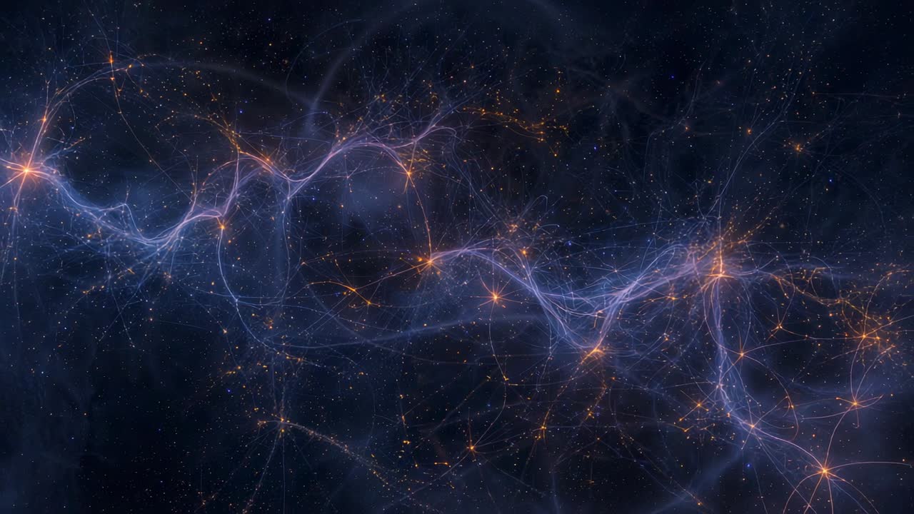 Starting pulse rippling along blue filament ribbon waving across space activating orange nodes