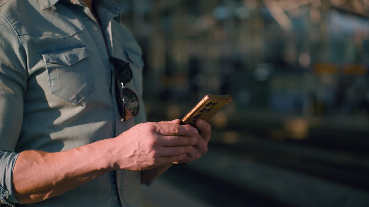A solo male traveler casually dressed and stylish in urban setting holds phone tapping and reading, detailed overview of hands