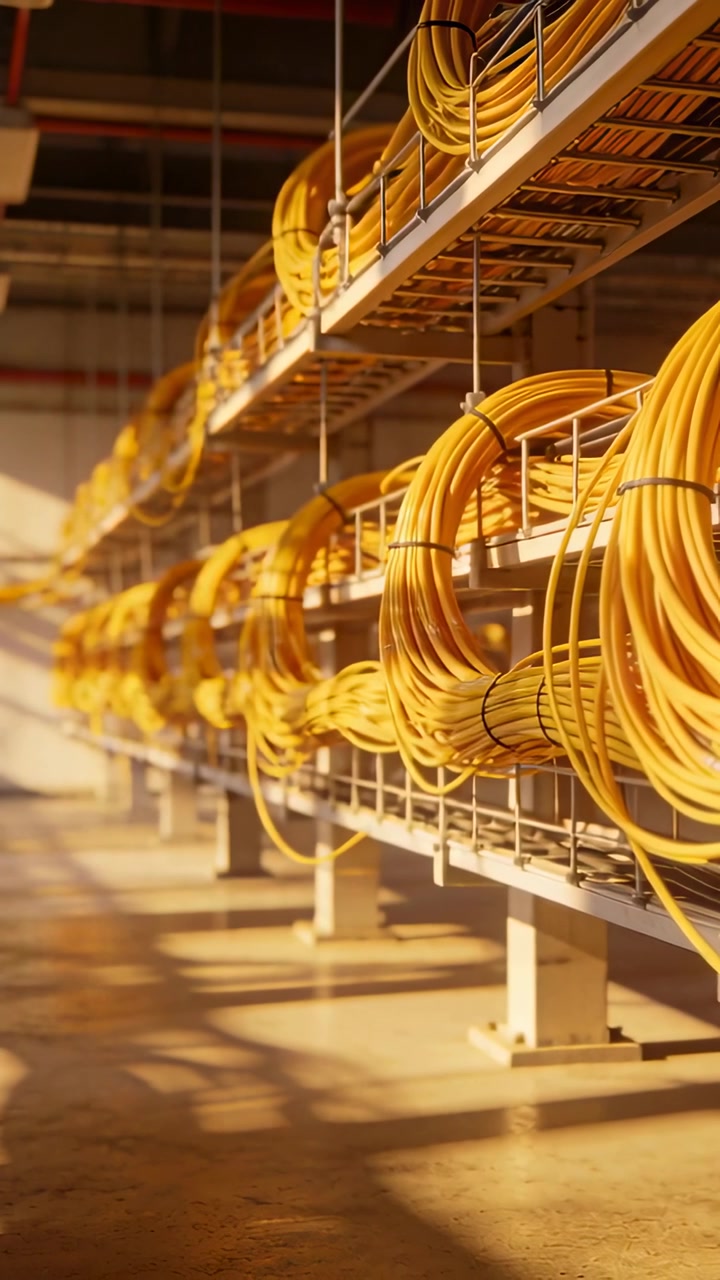 Vertical video: Dolly moving camera forward in warehouse, revealing yellow coils on metal trays