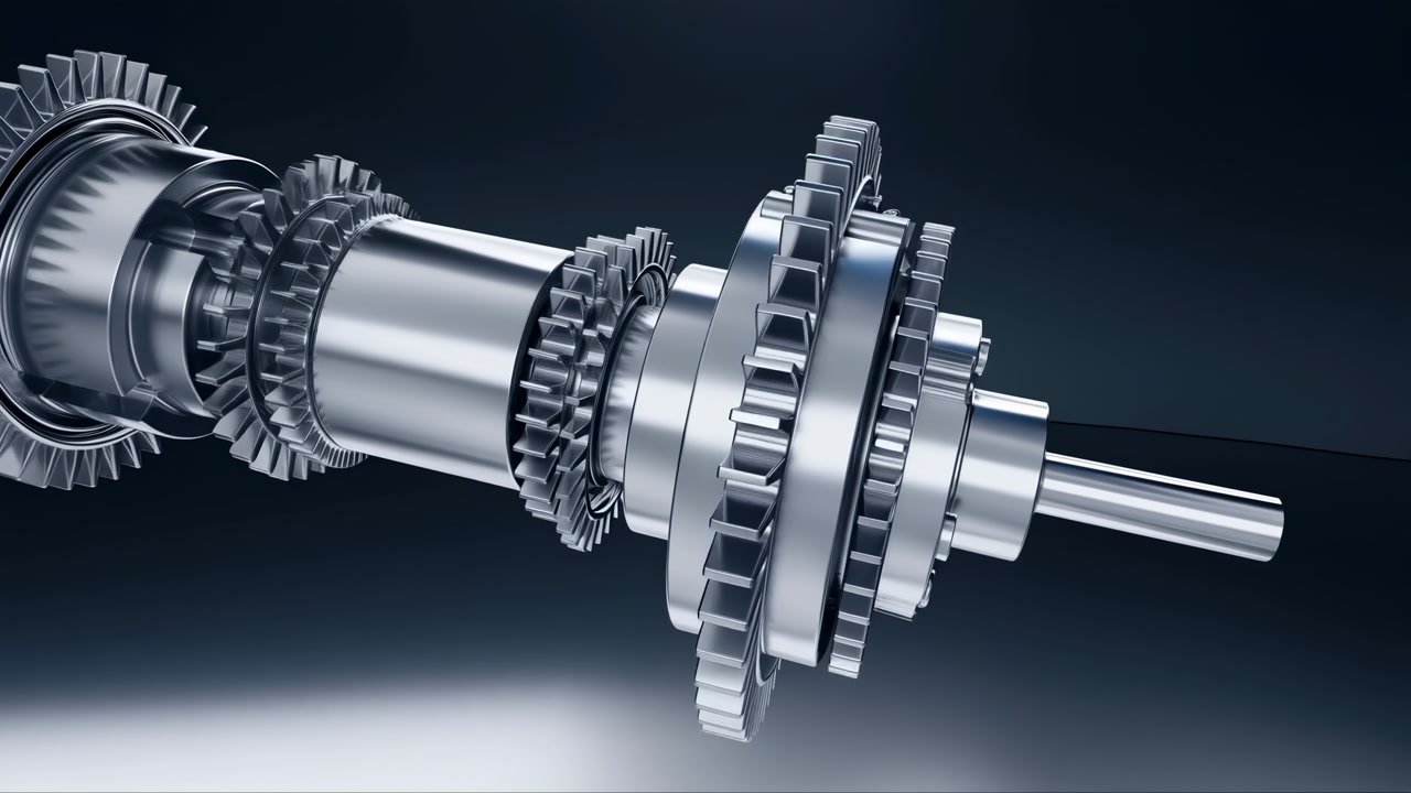 Shiny Metallic Gearbox Gears Rotating, Highprecision Transmission Assembly Showcased In Studio Lighting,