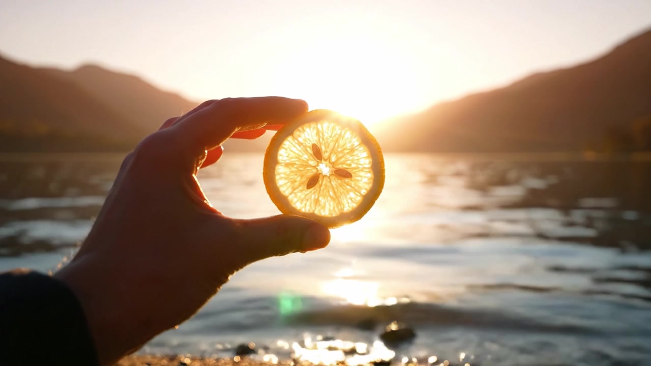A Vibrant Slice of Lemon Illuminated by the Golden Glow of Sunrise Over a Tranquil Lake, Captured in a Serene Outdoor Setting