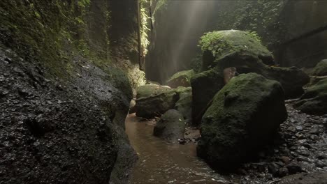 a small stream in a narrow canyon with sunbeams shining through the mist