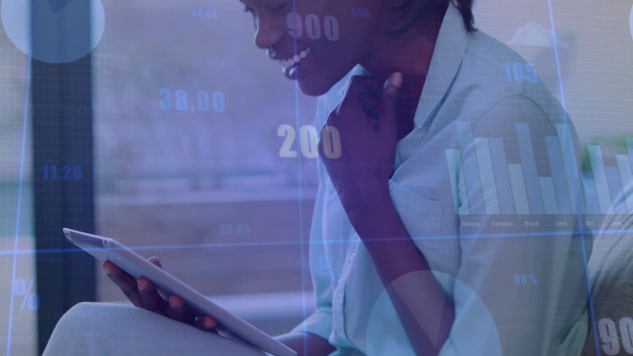 Woman analyzing business analytics on tablet near window, overlaying bar and pie chart data
