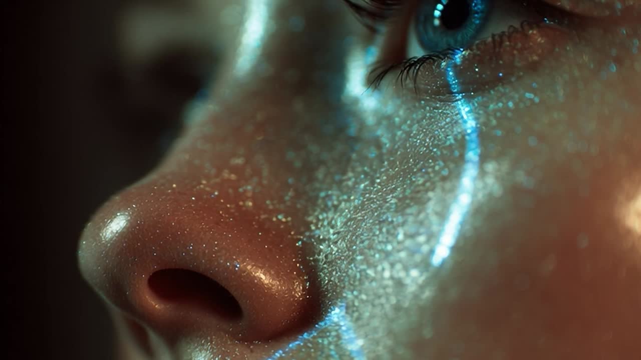 Primo piano di un viso con trucco scintillante e dettagli luminosi