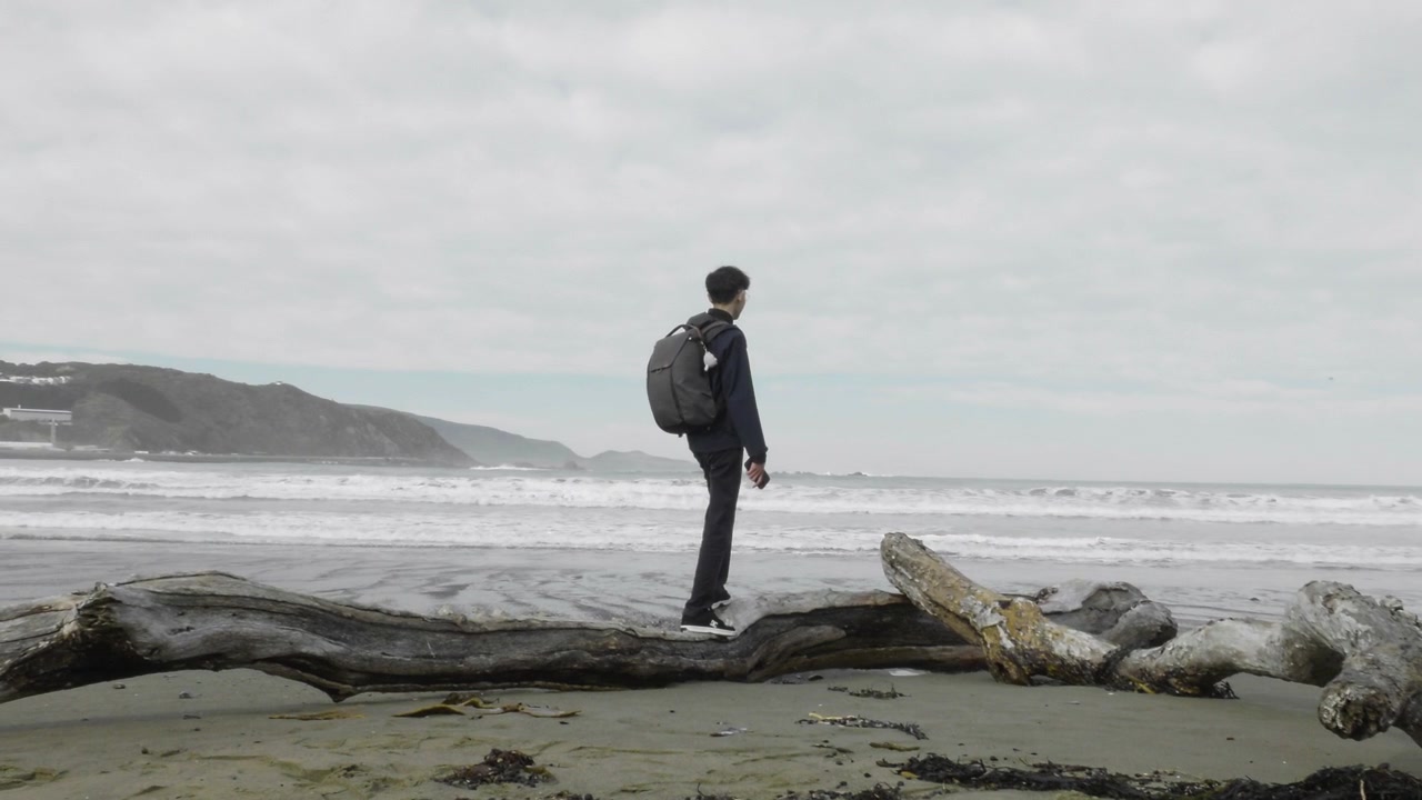Un fotografo malese in piedi sulla battigia a Lyall Bay a Wellington, Nuova Zelanda - Campo lungo.