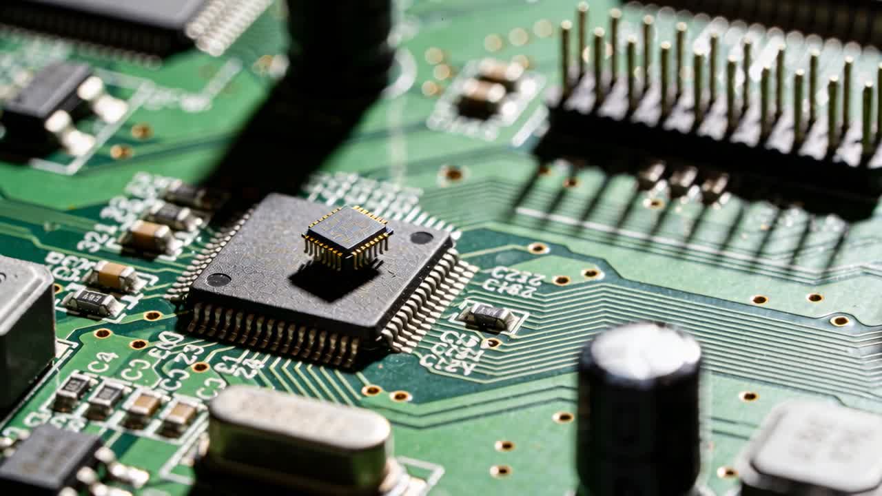 Kamera schwenkt und fokussiert einen quadratischen IC scharf am Prüfstand zur Inspektion, Lötpads werden sichtbar