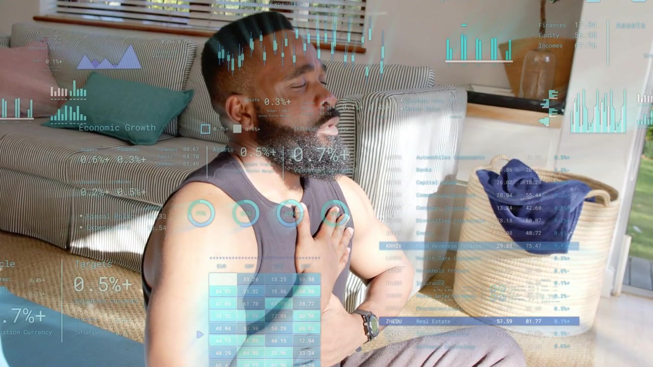 Man sitting by window doing breathing for health after HUD overlay appearing charts aligning chest