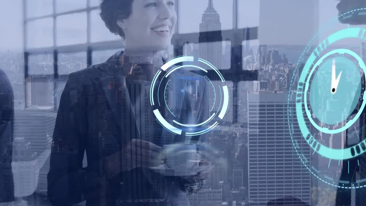 시계와 범위의 애니메이션, 비즈니스 사람들 위의 화면에서 데이터 처리