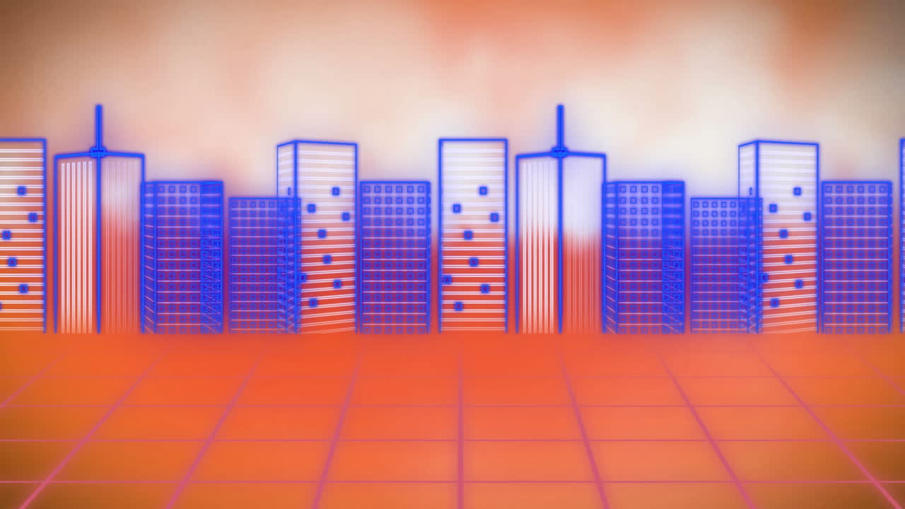 Digital animation of moving grid network against cityscape on orange background