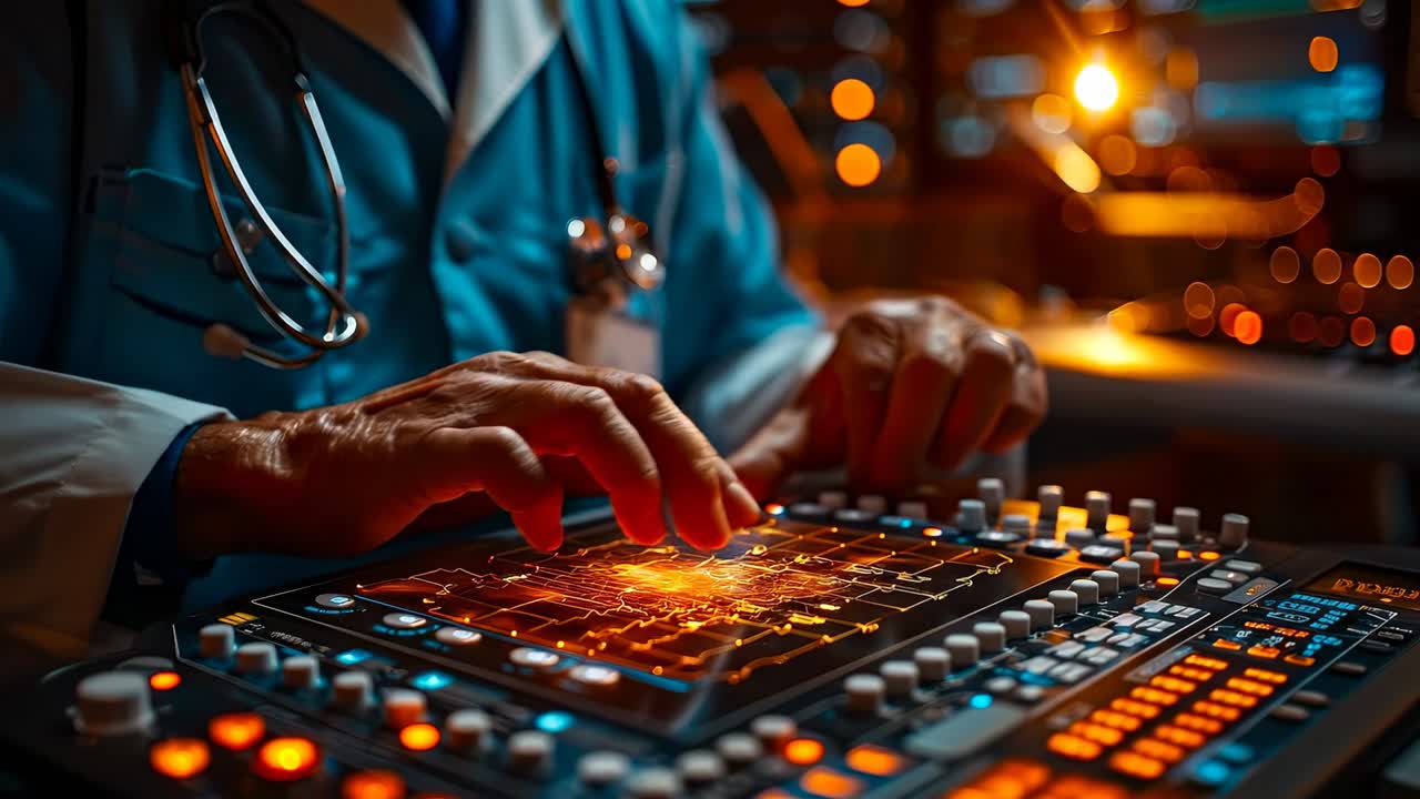 Doctor operates medical device in lab. A doctor is using a medical device to analyze data in a lab during the evening. The device displays colorful graphics