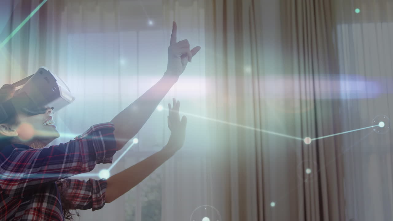 animación de la red de conexiones sobre mujer biracial usando auriculares vr