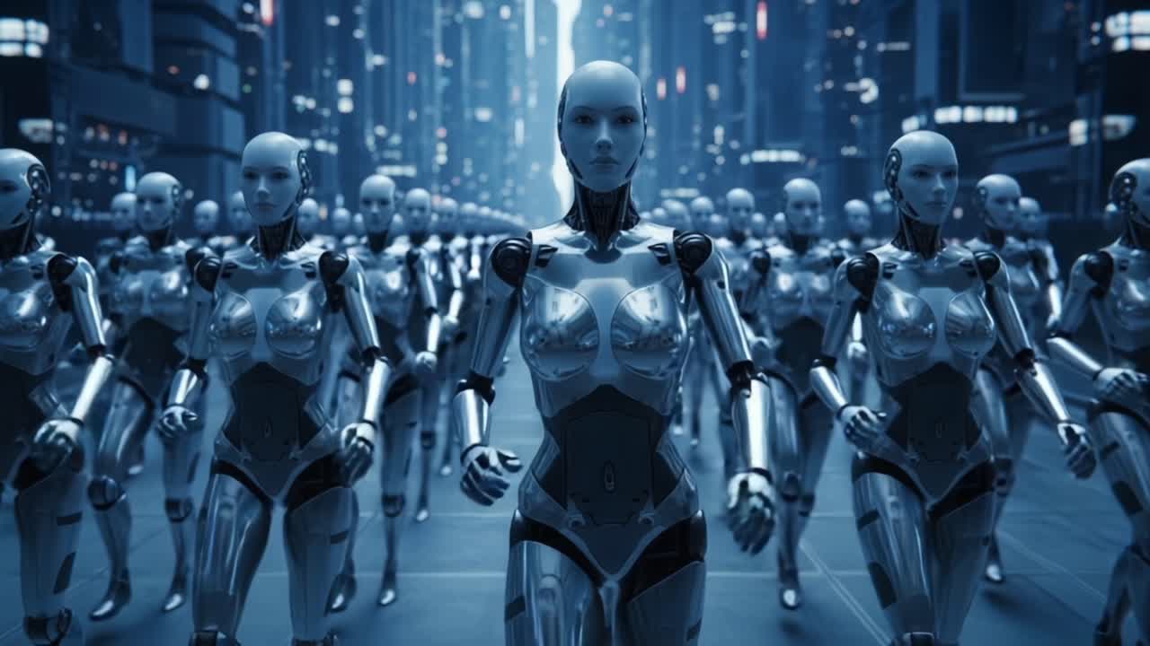 A Stunning Visual of Advanced Robotics: A Row of Sleek, Reflective Androids Walking in Sync Through a Futuristic Urban Landscape, Exuding a Sense of Unity and Precision