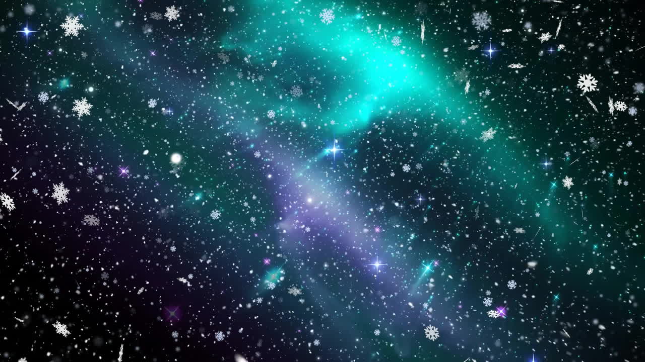 크리스마스 겨울 풍경 배경에서 눈이 떨어지고 오로라 보레알리스의 애니메이션