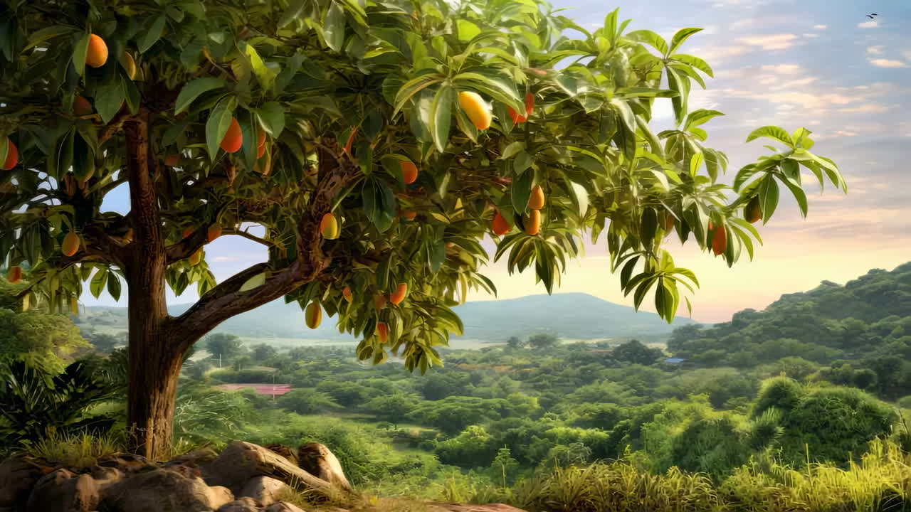 Albero da frutto rigoglioso in un paesaggio verde lussureggiante