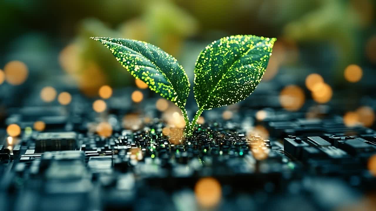 Green plant growing on circuit board. A small green plant grows on a circuit board, glowing lights symbolizing nature's fusion with technology.