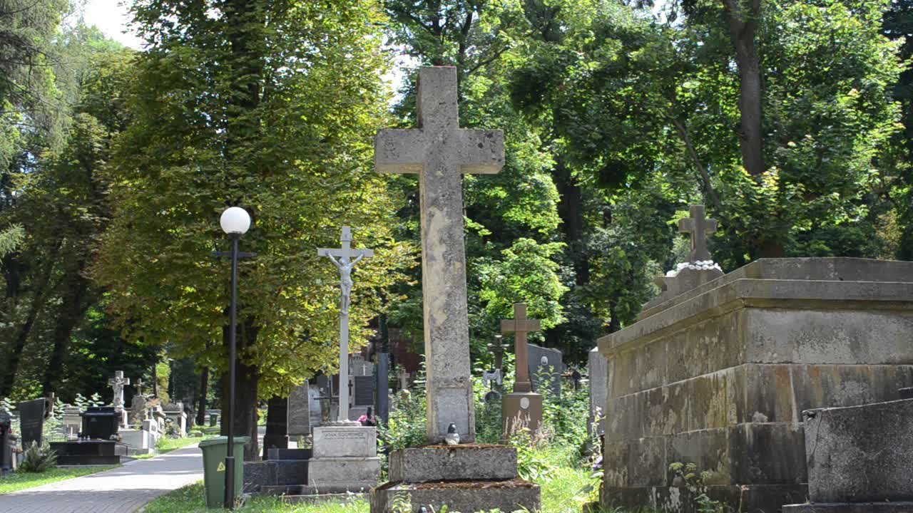 Croci in un cimitero. Leopoli, Ucraina. Cimitero di Lychakiv, il complesso storico e commemorativo (dal 1991) a Leopoli, nel quartiere storico di Lychakiv, uno dei cimiteri più antichi dell'Ucraina.