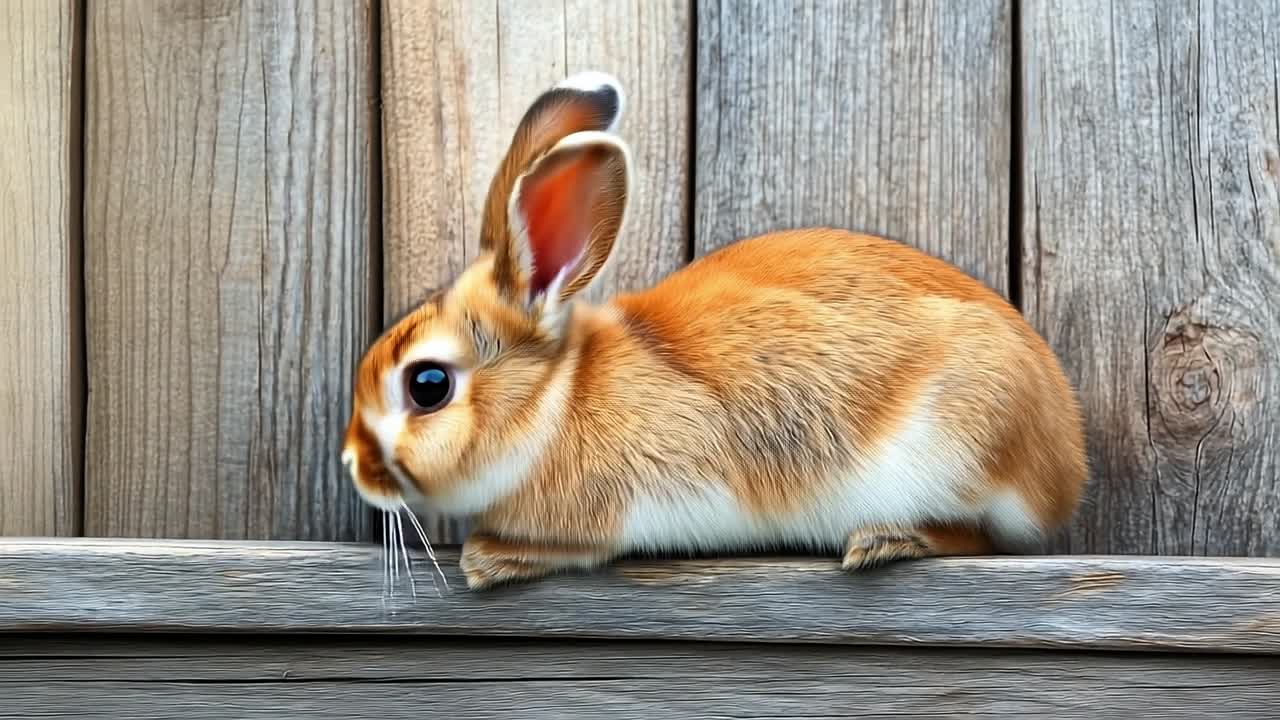 Brown rabbit on wood ledge. A small brown rabbit perches on a wooden ledge with its ears perked up, surrounded by rustic wooden planks.