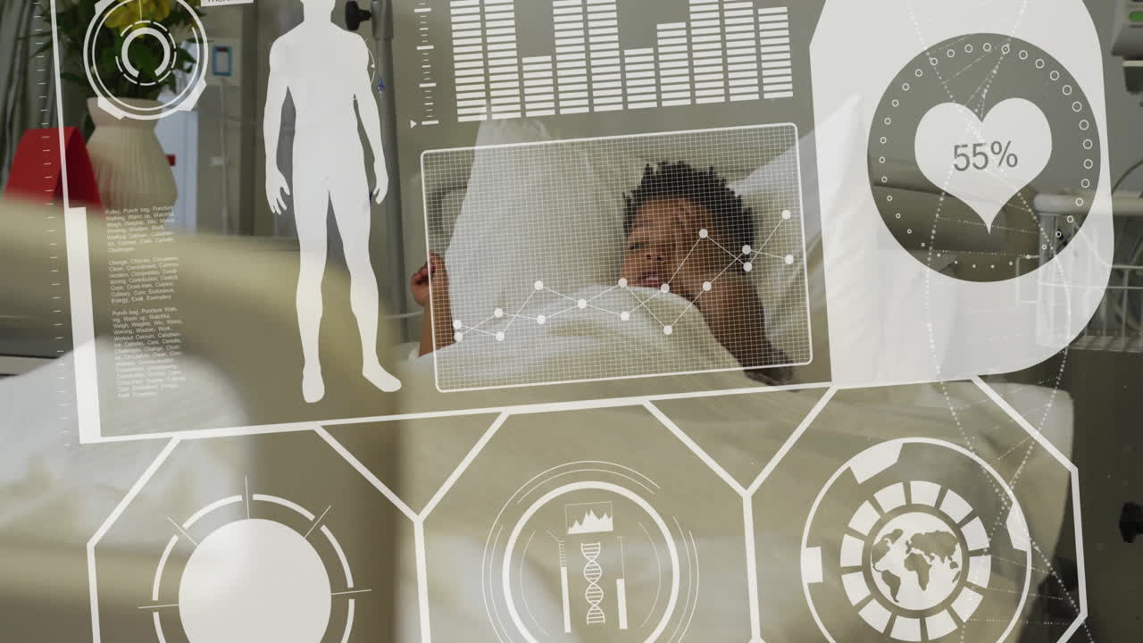 Medical data analysis animation over person resting in hospital bed