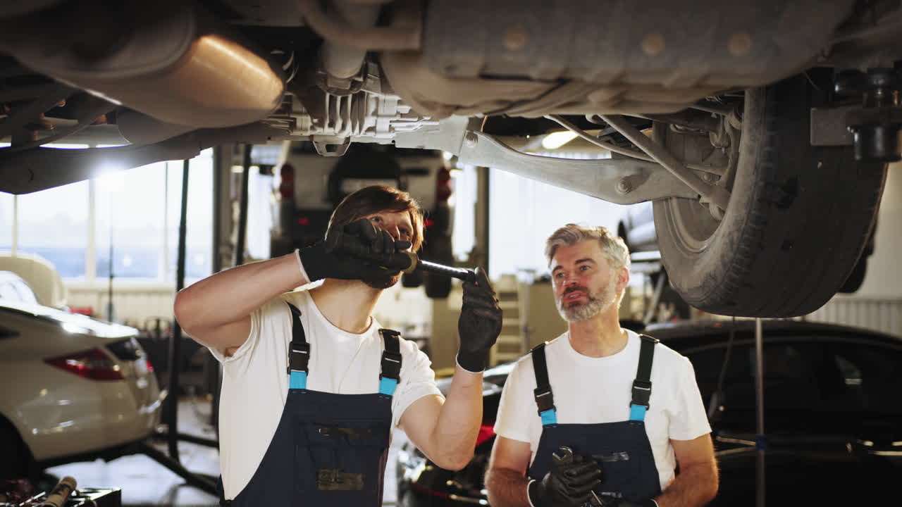 dos mecánicos inspeccionando el tren de aterrizaje de un coche en un taller de reparación