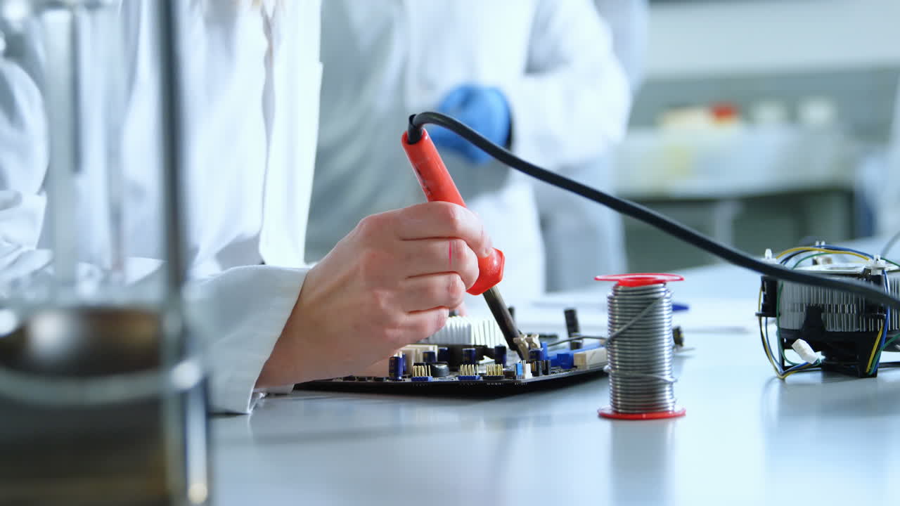 카우카스 여성 엔지니어가 메인보드 수리하는 사각형의 플래시 판매 텍스트의 애니메이션