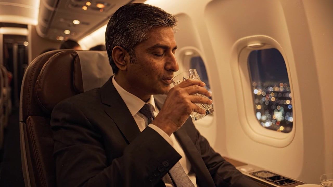 Un viaggio riflessivo: un uomo in abito che si gode un momento di riflessione mentre viaggia di notte, con vista sulle luci della città dal finestrino di un aereo.