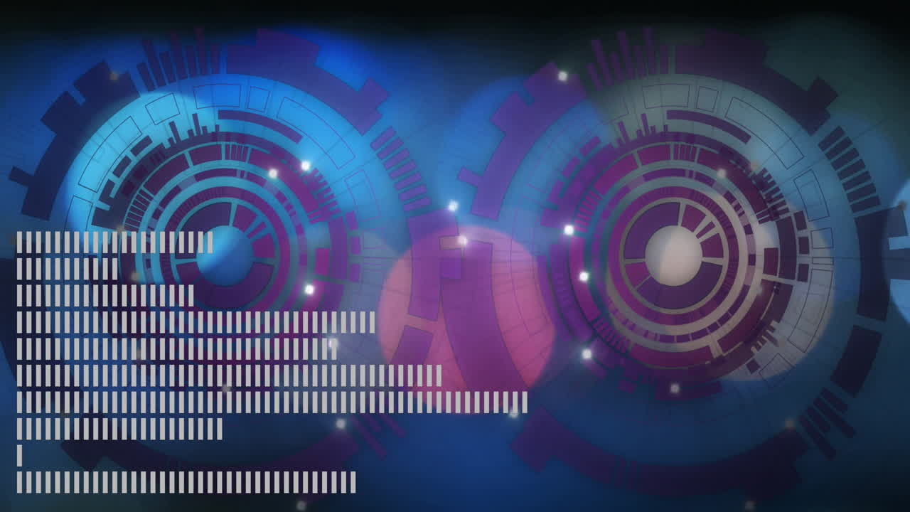 Animation of abstract circular patterns with digital data bars on blue background
