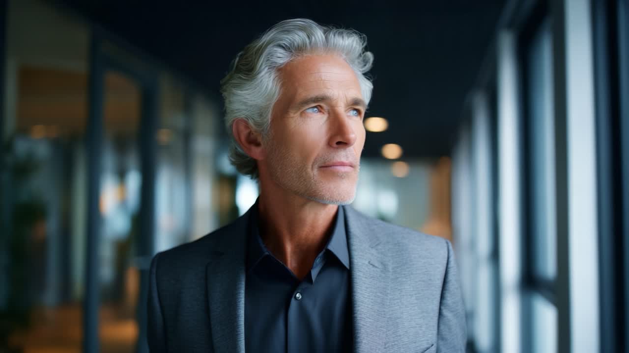 A Thoughtful Silver-Haired Man Contemplating in a Modern Office Environment with Large Windows Letting in Natural Light