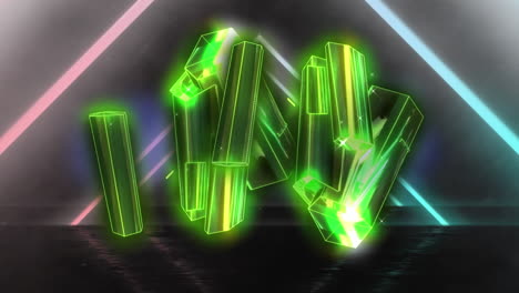 animación de cristales verdes sobre formas de neón en movimiento