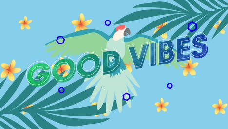 animación de buenas vibraciones texto sobre plantas púrpuras y pájaro