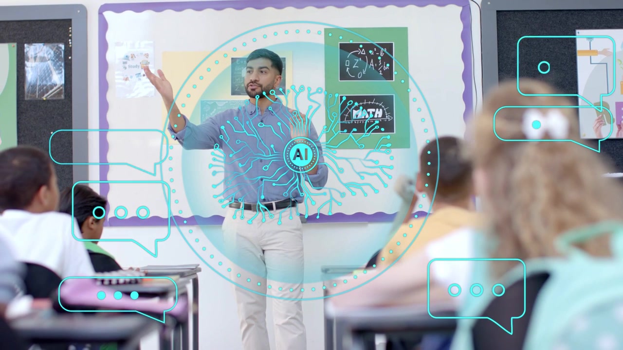 Teacher speaking at front, initiating AI HUD centering around him, chat bubbles animating for math
