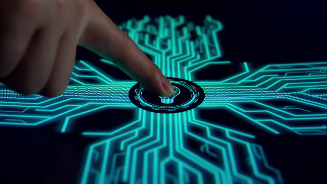 Side View, Human Finger Pushes Touch Digital The Light Bulb With Futuristic Artificial Intelligence Spreading Through Internet. Visualization Of Machine Learning, Computer Technology, Neural Network